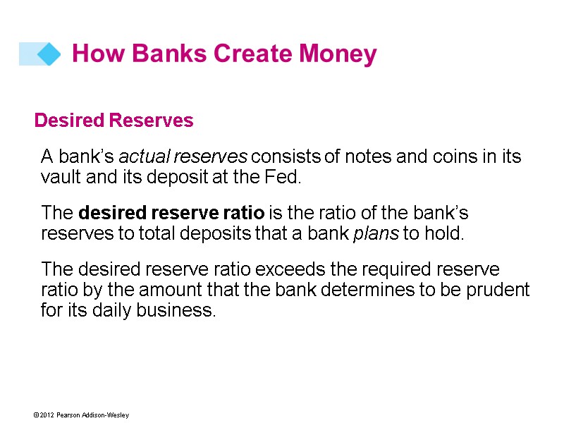 Desired Reserves A bank’s actual reserves consists of notes and coins in its vault